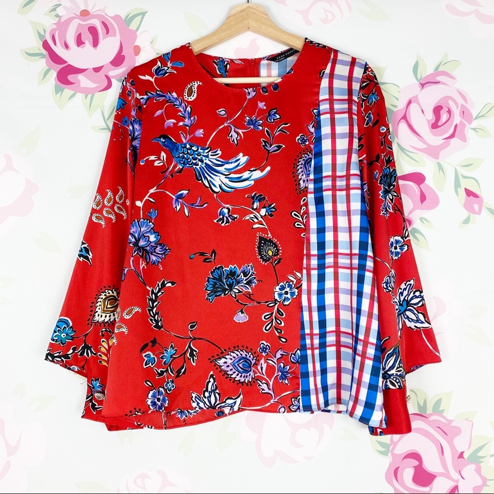 ZARA Floral Bird Patchwork Red Blue Blouse M